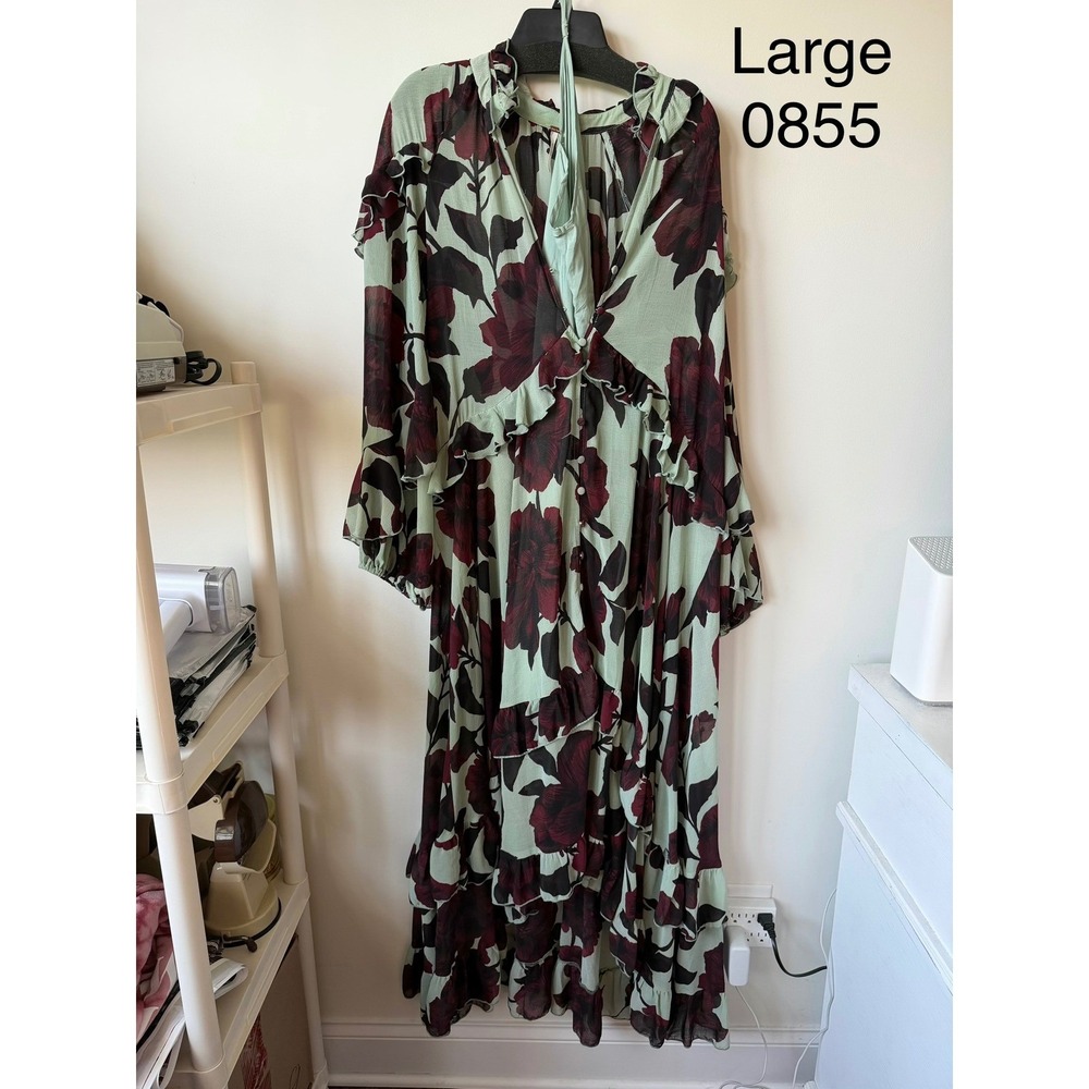 Free People Maxi Dress Mint Combo Floral Ruffle High Low OB1024381 L